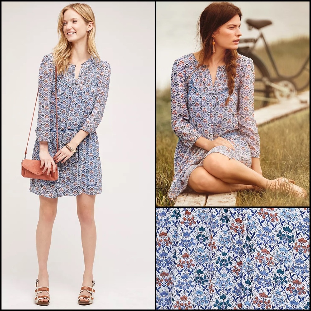 Anthro Holding Horses Crochet Lace Blue Floral Peasant Swing Baby Doll Dress